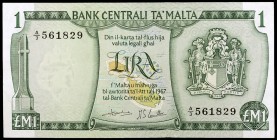 L. 1967 (1973). Malta. Banco Central. 1 lira. (Pick 31C). Firmas de H. de Gabriele y A. Camilleri. Escaso. S/C-.