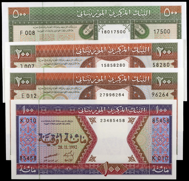 1989 a 1996. Mauritania. Banco Central. 4 billetes de distintos valores y fechas...