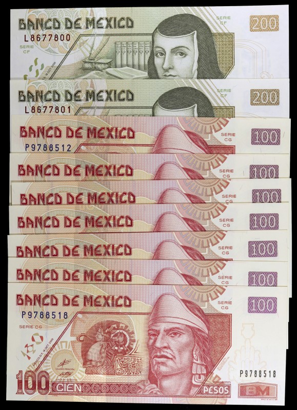 México. Banco de México. 100 (siete) y 200 pesos (dos). (Pick 118a y 119a). 9 bi...