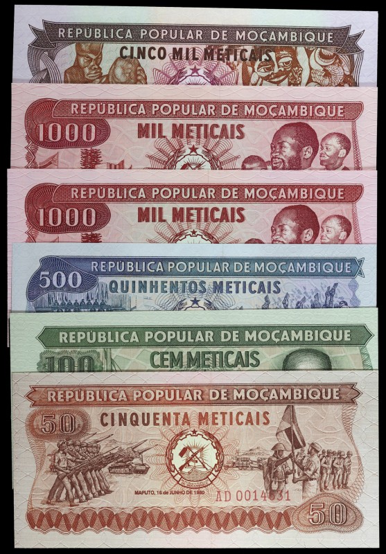 Mozambique. 50, 100, 500, 1000 (dos) y 5000 meticais. 6 billetes de distintas fe...