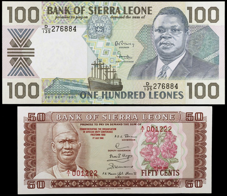 1980 y 1990. Sierra Leona. Banco de Sierra Leona. 50 cents y 100 leones. (Pick 9...
