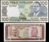 1980 y 1990. Sierra Leona. Banco de Sierra Leona. 50 cents y 100 leones. (Pick 9 y 18c). 2 billetes. S/C-/S/C.
