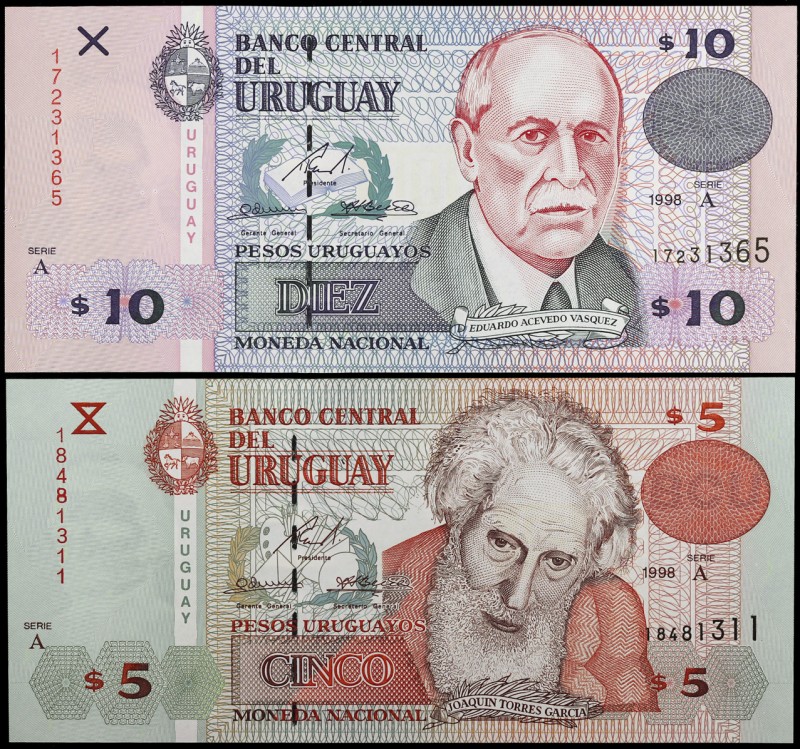 1998. Uruguay. Banco Central. 5 y 10 pesos uruguayos. (Pick 80a y 81a). Joaquín ...