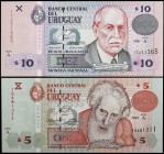 1998. Uruguay. Banco Central. 5 y 10 pesos uruguayos. (Pick 80a y 81a). Joaquín Torres García y Eduardo Acevedo Vasquez. 2 billetes. S/C.