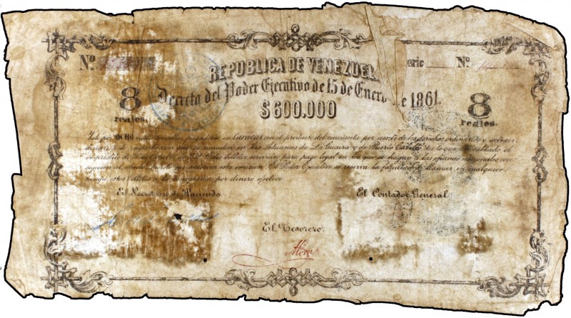 1861. Venezuela. "A cuenta del Poder Ejecutivo de 15 de enero de 1861". 8 reales...