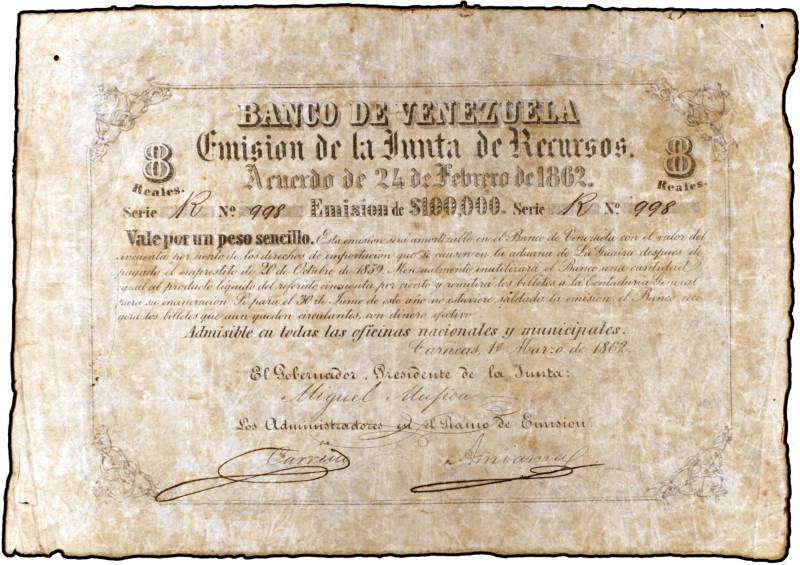 1862. Venezuela. Banco de Venezuela. 1 peso sencillo. (Pick S251, no indica prec...