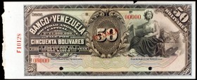(1935-1939). Venezuela. Banco de Venezuela. 50 bolívares. (Pick S312 var). SPECIMEN. Dos taladros, numeración 00000. Mínima raspadura en borde, pero e...