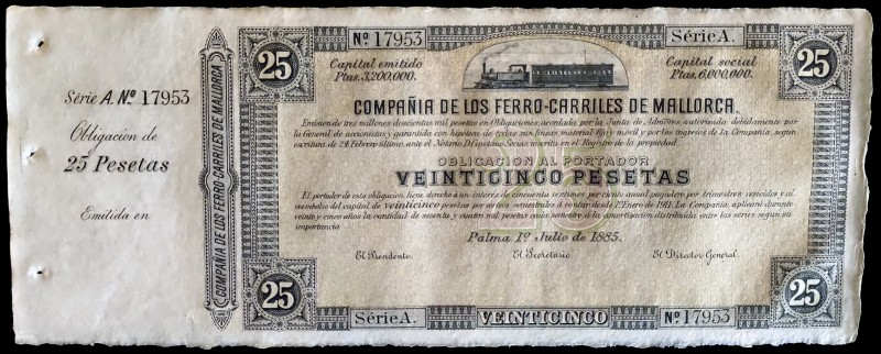 1885. Compañía de los Ferrocarriles de Mallorca. Obligación de 25 pesetas. Palma...