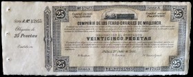 1885. Compañía de los Ferrocarriles de Mallorca. Obligación de 25 pesetas. Palma, 1 de julio. Con matriz. EBC.