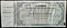 1885. Compañia de los Ferrocarriles de Mallorca. Obligación de 500 pesetas. 1 de julio. Serie E, nº 00647. Con matriz. EBC.