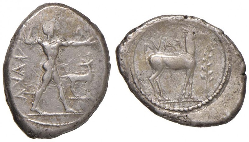 BRUTTIUM Caulonia - Statere (circa 480-388 a.C.) Apollo stante a d. – R/ Cervo s...