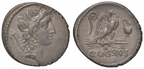 Cassia – Q. Cassius Longinus - Denario (55 a.C.) Testa del Buon Evento a d. – R/ Aquila stante a d. tra strumenti sacrificali – B. 7; Cr. 428/3 AG (g ...