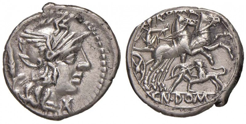 Domitia – Cn. Domitius L. f. Ahenobarbus - Denario (128 a.C.) Testa di Roma a d....