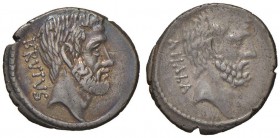 Junia – M. Junius Brutus - Denario (54 a.C.) Testa di L. Junius Brutus a d. – R/ Testa di Ahala a d. – B. 30; Cr. 433/2 AG (g 4,00) Due graffi nel cam...