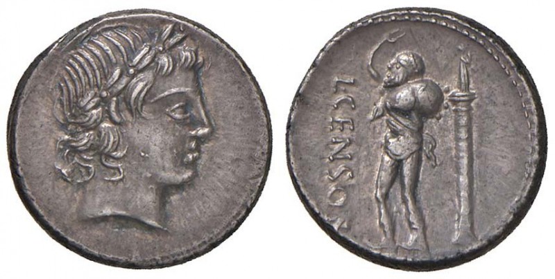 Marcia – L. Censorinus - Denario (82 a.C.) Testa di Apollo a d. - R/ Il satiro M...
