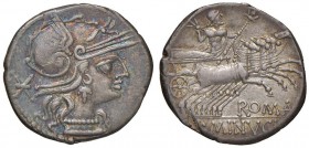 Minucia – L. Minucius - Denario (133 a.C.) Testa di Roma a d. - R/ Giove su quadriga a d. – B. 15; Cr. 248/1 AG (g 3,93)
qSPL