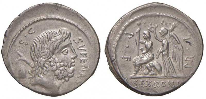 Nonia – M. Nonius Sufenas - Denario (59 a.C.) Testa di Saturno a d. – R/ Roma se...