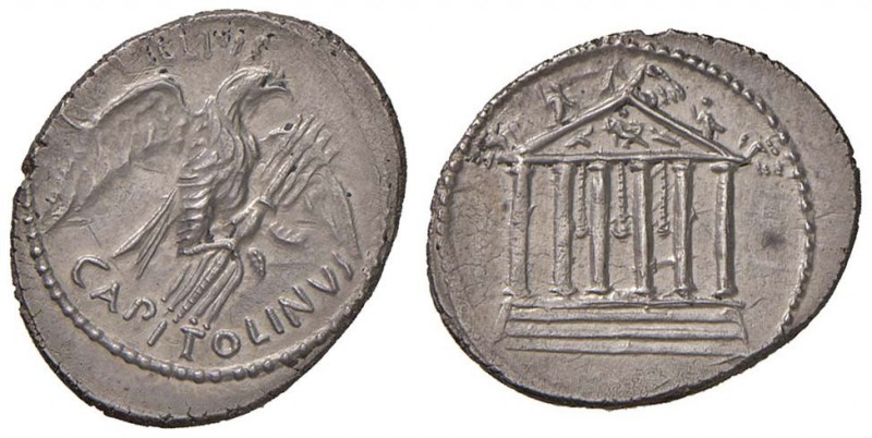 Petillia – Petillius Capitolinus - Denario (43 a.C.) Tempio a sei colonne con le...