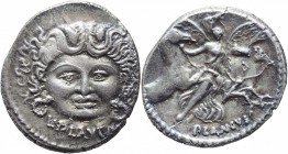 Plautia – L. Plautius Plancus - Denario (47 a.C.) Testa della Gorgone di fronte – R/ L’Aurora con i cavalli del Sole a d. – B. 14; Cr. 453/1c AG (g 3,...