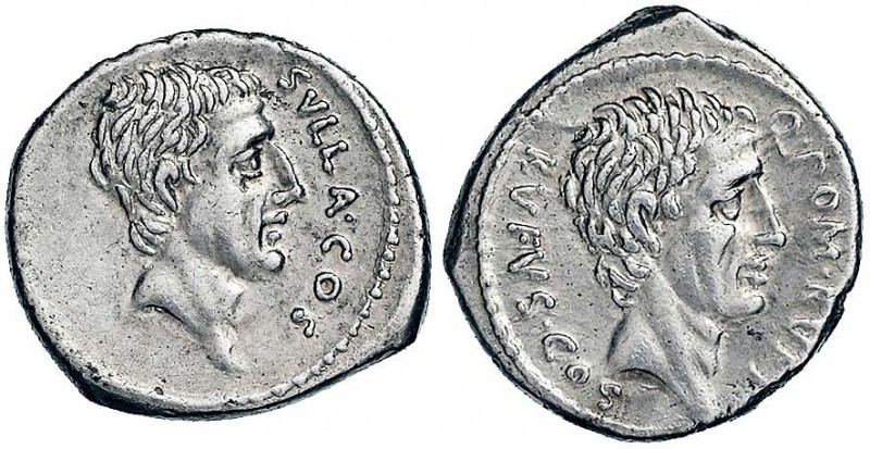 Pompeia – Q. Pompeius Rufus (54 a.C.) Denario – Testa di Silla a d. - R/ Testa d...