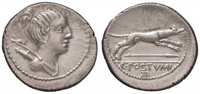 Postumia – C. Postumius - Denario (74 a.C.) Busto di Diana a d. - R/ Cane a d. –...