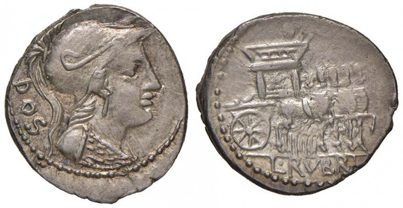 Rubria – L. Rubrius Dossenus - Denario (87 a.C.) Busto elmato di Roma a d. – R/ ...