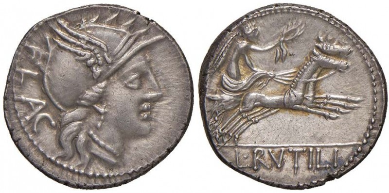 Rutilia – L. Rutilius Flaccus - Denario (77 a.C.) Testa di Roma a d. – R/ La Vit...