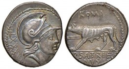 Satriena – P. Satrienus - Denario (77 a.C.) Testa di Roma a d. - R/ Lupa andante a s. – B. 1; Cr. 388/1 AG (g 4,00) Bella patina
SPL