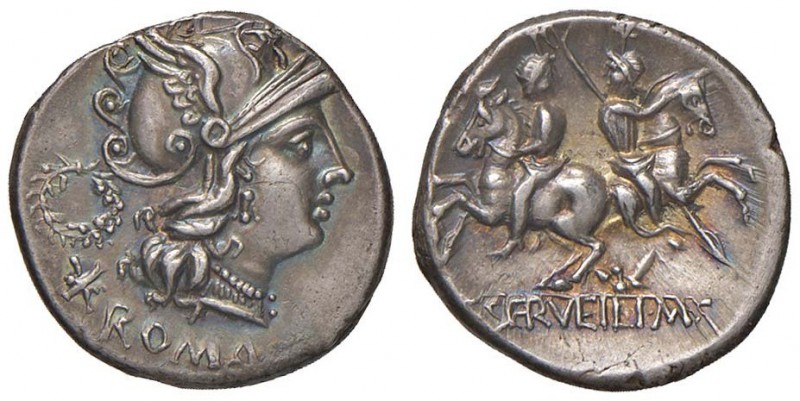 Servilia – C. Servilius M. f. - Denario (136 a.C.) Testa di Roma a d. - R/ I Dio...