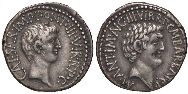 Antonio e Ottaviano - Denario (41 a.C.) Testa di Antonio a d. – R/ Testa di Otta...