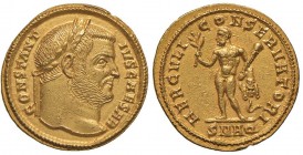 Costanzo I (293-305) Aureo (Aquileia) Testa laureata a d. – R/ Ercole stante di fronte, in esergo, SMAQ – RIC 8 AU (g 5,28) RRRR Minimi graffietti ed ...