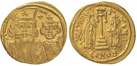 Costante II (641-668) Solido (Costantinopoli) Busti di fronte - R/ Gli imperatori stanti di fronte – Sear 964 AU (g 4,51) Ribattuta 
qFDC