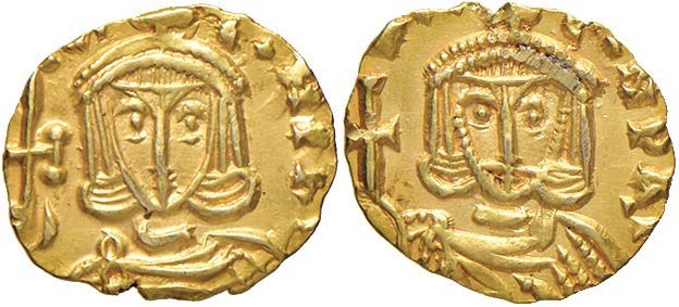 Costantino V (741-775) Tremisse (Siracusa) Busto di fronte - R/ Busto di fronte ...