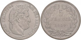 Louis Philippe I (1830-1848) 5 Franchi 1839 D Lione – Gad. 678 AG (g 25,00) RRR 
qBB/BB