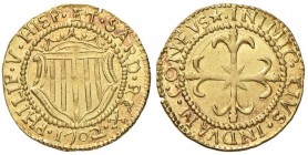 CAGLIARI Filippo V (1700-1719) Scudo d’oro 1702 – MIR 93/2 AU (g 3,22) Ondulazione del tondello e modeste debolezze di conio 
qFDC