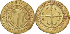 CAGLIARI Filippo V (1700-1719) Scudo d’oro 1703 – MIR 93/3 AU (g 3,21) Difetto di conio al margine del D/
qFDC