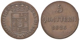 FIRENZE Leopoldo II (1824-1859) 5 Quattrini 1826 – MIR 463/1 MI (g 4,61) RR Senza argentatura, sembra di rame puro
FDC