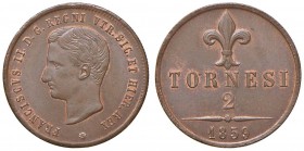 NAPOLI Francesco II (1859-1860) 2 Tornesi 1859 – Magliocca 812 CU (g 6,21) Zone di rame rosso 
FDC
