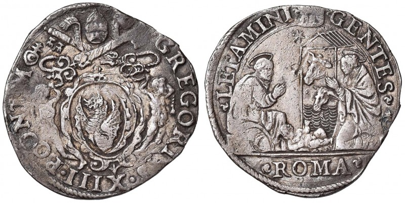 Gregorio XIII (1572-1585) Testone – Munt. 36 AG (g 9,48) RR Schiacciature ai bor...