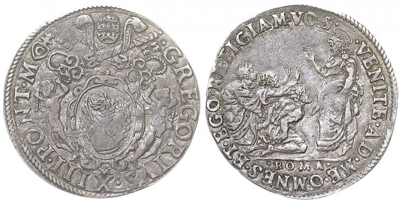 Gregorio XIII (1572-1585) Testone – Munt. 74 AG (g 9,32) RR Bella patina delicat...