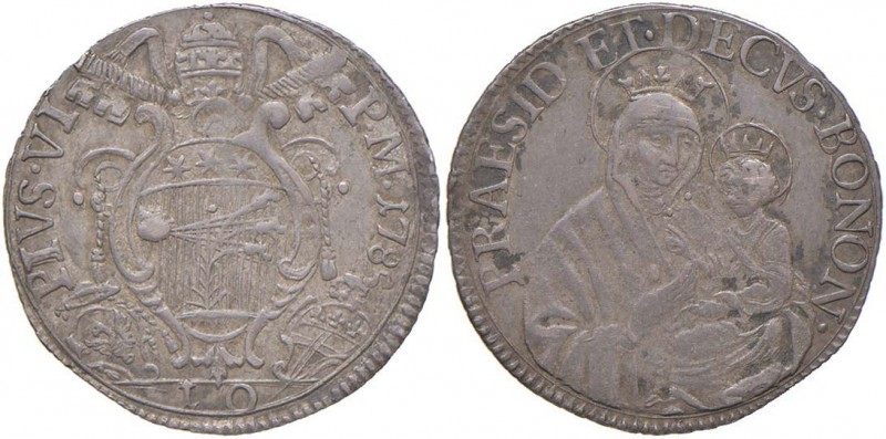 Pio VI (1775-1799) Bologna – 10 Bolognini 1785 – Munt. 225 AG (g 2,64)
BB/SPL...