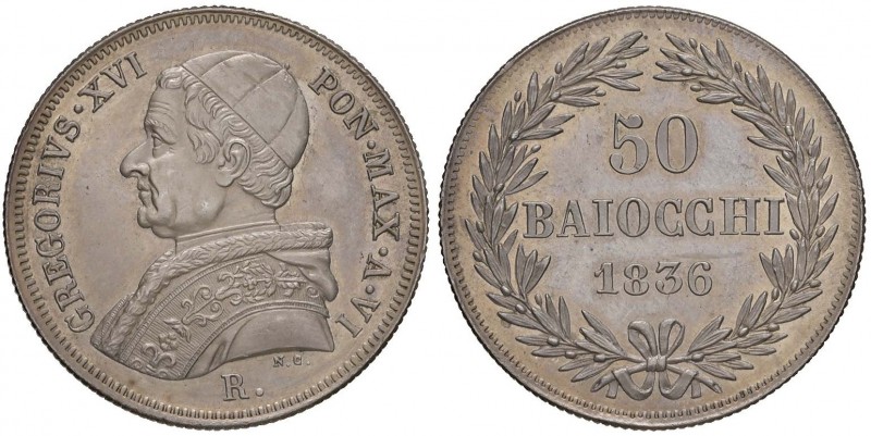 Gregorio XVI (1831-1846) 50 Baiocchi 1836 A. VI – Nomisma 432 AG (g 13,48) R Con...