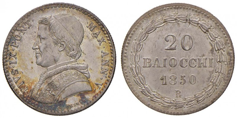 Pio IX (1846-1870) 20 Baiocchi 1850 A. V – Nomisma 671 AG (g 5,37) RR Conservazi...