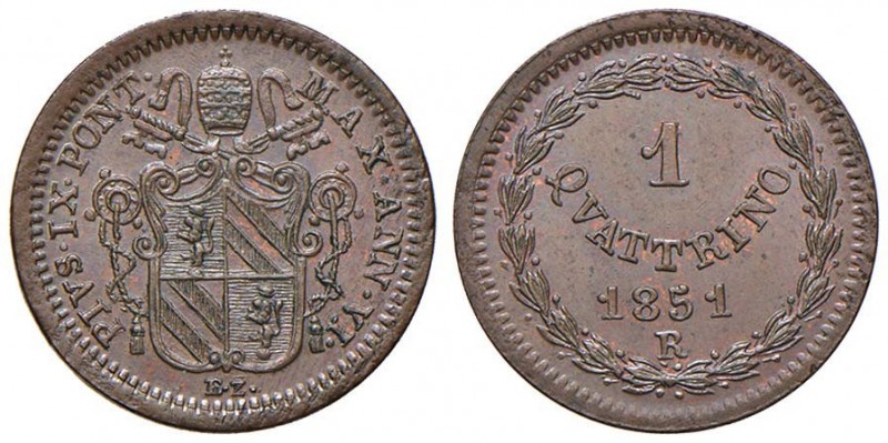 Pio IX (1846-1870) Quattrino 1851 A. VI – Nomisma 834 CU (g 2,07) Tracce di rame...