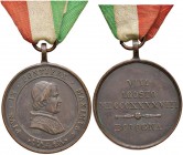 Pio IX (1846-1870) Medaglia 1848 per i militari pontifici che cacciarono gli Austriaci a Bologna – AE (g 11,00 – Ø 25 mm) RRR Con nastrino
qSPL