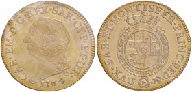Carlo Emanuele III (1755-1773) Doppia 1764 – Nomisma 120; MIR 943i AU RR Sigillato qSPL/SPL+ da Cavaliere F. 
qSPL/SPL+