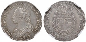 Vittorio Amedeo III (1773-1796) Quarto di scudo 1789 – Nomisma 358 (indicato R/2); MIR 989m AG RR Conservazione eccezionale. In slab NGC MS64+ cod. 20...