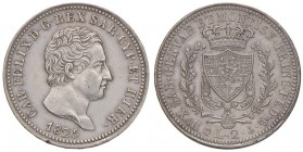 Carlo Felice (1821-1831) 2 Lire 1825 G – Nomisma 576 AG RR Graffietti e leve pulitura sulla guancia, colpo al ciglio del D/ 
qSPL