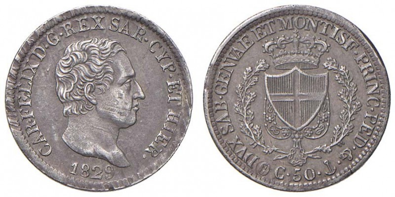 Carlo Felice (1821-1831) 50 Centesimi 1829 G – Nomisma 607 AG RR Striatura al D/...