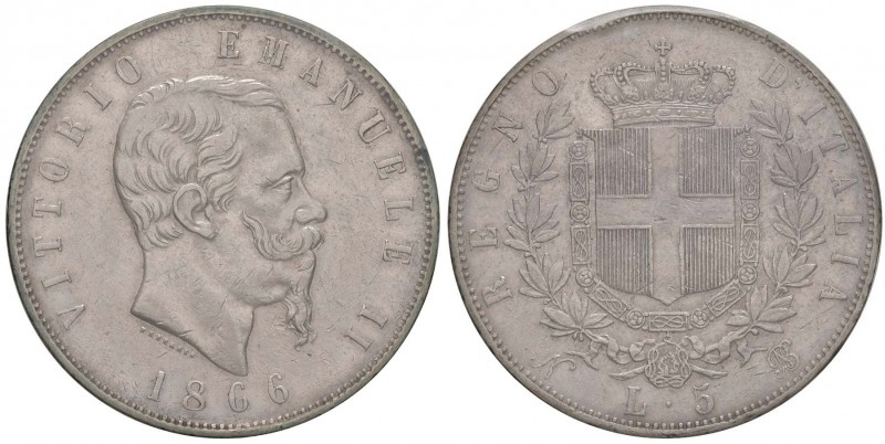 Vittorio Emanuele II (1861-1878) 5 Lire 1866 N – Nomisma 884 AG RRR Segnetti e g...